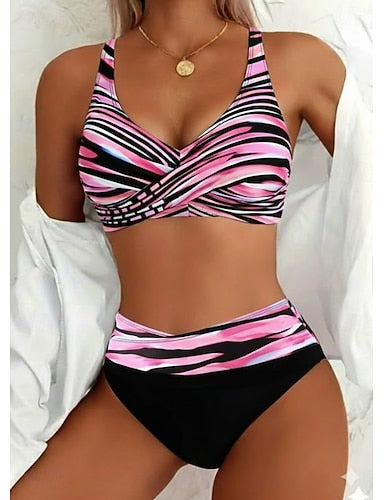 Bikini 2 Piece Swimsuit High Waist Vacation Graphic Striped V Neck Sleeveless Bathing Suits