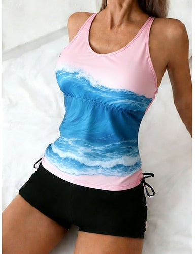 Swimwear Tankini 2 Piece High Waist Swimsuit Tummy Control High Waist Slim Backless Vacation Beach Wear Ombre U Neck Sleeveless Bathing Suits