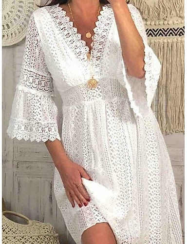 Knee Length Dress White Dress Lace Dress Flare Cuff Sleeve Daily Outdoor Beach Regular Fit Plain 3/4 Length Sleeve V Neck White Apricot Summer Spring