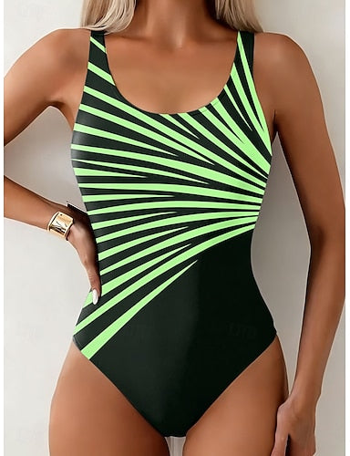 Swimwear One Piece Briefs Swimsuit Vacation Graphic Geometric Round Neck Sleeveless Bathing Suits