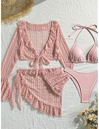 Swimwear Bikini Three Piece Cheeky Swimsuit Slim Backless Vacation Beach Wear Color Halter Neck Sleeveless Long Sleeve Bathing Suits