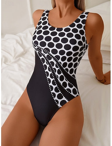 Swimwear One Piece Monokini Swimsuit Tummy Control High Waist Slim Backless Vacation Beach Wear Geometric Polka Dot U Neck Sleeveless Bathing Suits