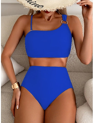 Bikini 2 Piece Swimsuit Cheeky Slim Backless Vacation Color Halter Neck Sleeveless Bathing Suits