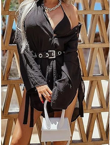 Mini Dress White Dress Beach Dress Black Dress Shirt Dress Classic Batwing Sleeve Daily Outdoor Beach Loose Fit Plain Long Sleeve Shirt Collar Black White Summer Spring