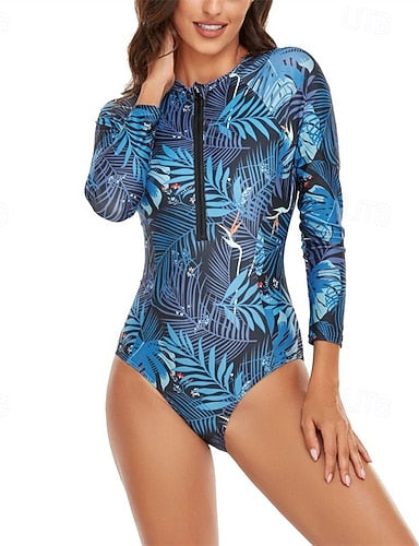 Rash Guard One Piece Swimsuit Patchwork Printed Front Zip Quick Dry Lightweight Breathable Long Sleeve Bodysuit Bathing Suit Surfing Beach Water Sports Summer