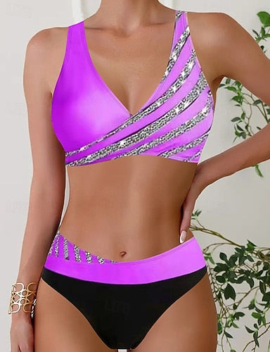 Tankini Two Piece Swimsuit V Neck Swimwear Stripes Swimwear Black Wine Breathable Quick Dry Lightweight Sleeveless - Swimming Surfing Beach Summer Spring