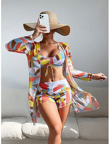 Bikini 3 Piece Swimsuit Shorts Slim Backless Vacation Beach Wear Geometric Color Block V Neck Sleeveless Long Sleeve Bathing Suits