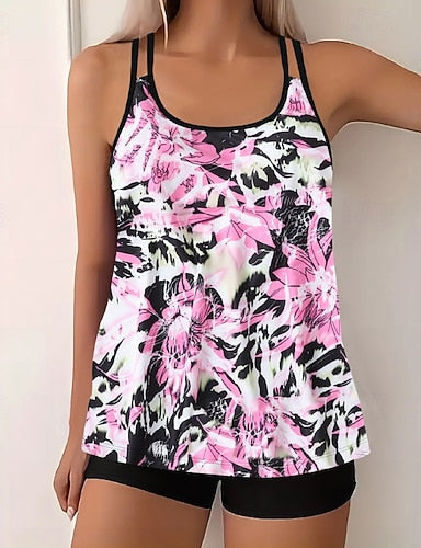 Swimwear 2 Piece Shorts Swimsuit Backless Vacation Beach Wear U Neck Sleeveless Bathing Suits