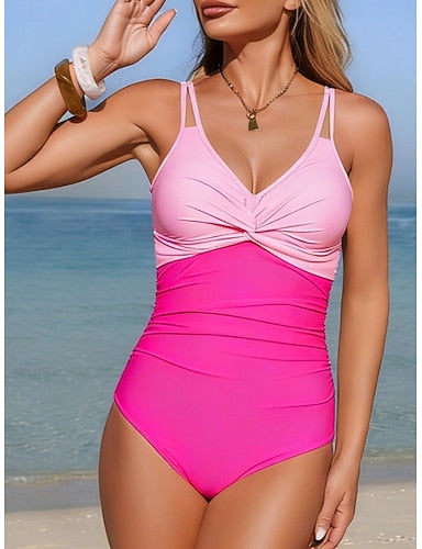 Swimwear Bikini 2 Piece Swimsuit Slim Backless Vacation Beach Wear Color Block V Neck Sleeveless Bathing Suits