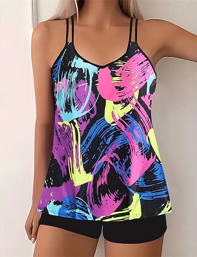 Tankini Two Piece Swimsuit Racerback Swimwear Swimwear Blue Yellow Quick Dry Lightweight Breathable Sleeveless - Surfing Beach Swimming Summer Spring