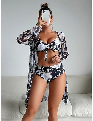 Bikini 3 Piece Swimsuit Palm Briefs Slim Backless Vacation Beach Wear V Neck Sleeveless Long Sleeve Bathing Suits