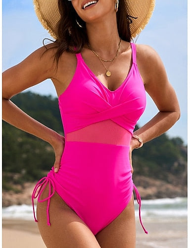 One Piece Swimsuit Slimming Ruched Cutout Monokini Mesh Tummy Control High Waist Slim Backless Vacation Beach Wear Color V Neck Sleeveless Bathing Suits