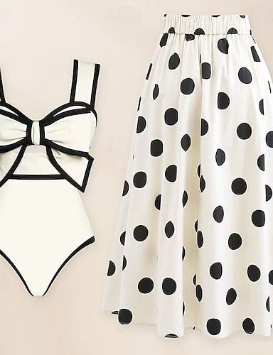 One Piece Swimsuit Monokini Skirt Tummy Control High Waist Slim Backless Vacation Beach Wear Polka Dot V Neck Sleeveless Bathing Suits