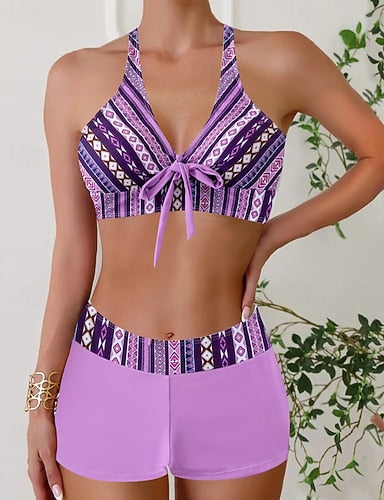Swimwear 2 Piece Briefs Swimsuit Patchwork Backless Vacation Beach Wear V Neck Sleeveless Bathing Suits