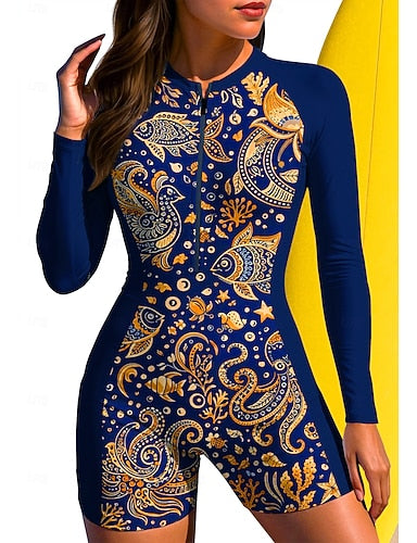 Regular Rash Guard Bathing Suit Boyleg Tropical Zip Up Removable Pad Front Zip Uv Sun Protection Upf50+ Ultra Light (ul) Long Sleeve Swimwear Sun Shirt Surfing Beach Water Sports Summer