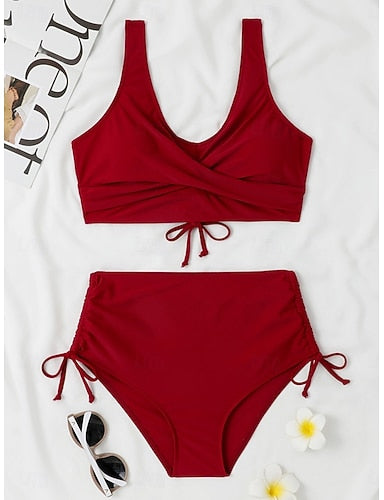 Bikini 2 Piece Swimsuit Ruched Cheeky Slim Backless Vacation Beach Wear Color V Neck Sleeveless Bathing Suits