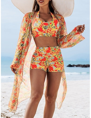 Bikini 3 Piece Swimsuit Shorts Slim Backless Vacation Beach Wear Halter Neck Sleeveless Bathing Suits