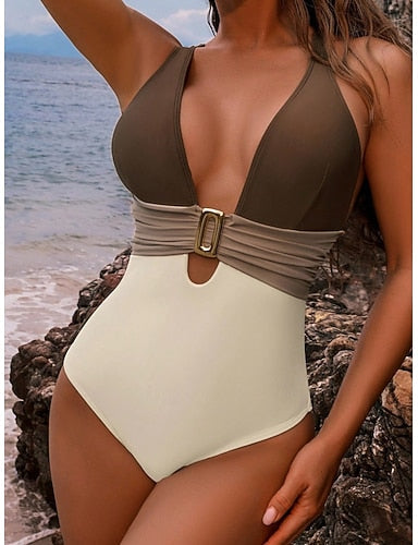 Swimwear One Piece Monokini Swimsuit Tummy Control High Waist Slim Backless Vacation Beach Wear Color Halter Neck Sleeveless Bathing Suits