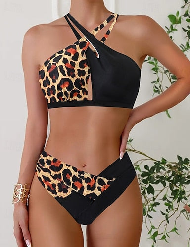 Swimwear 2 Piece Cheeky Swimsuit Cut Out Backless Vacation Beach Wear Leopard Halter Neck Sleeveless Bathing Suits