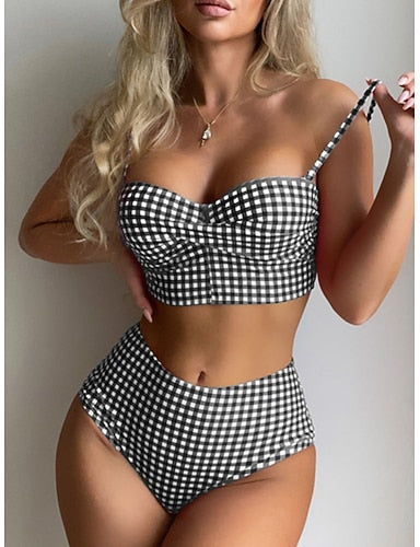 Bikini 2 Piece Swimsuit Underwire Cheeky Slim Backless Vacation Beach Wear Plaid Halter Neck Sleeveless Bathing Suits