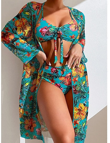 Bikini 3 Piece Swimsuit Palm Briefs Slim Backless Vacation Beach Wear Leaves Scoop Neck Sleeveless Bathing Suits
