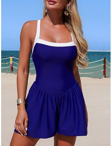 Swimwear One Piece Swim Dress Swimsuit Tummy Control High Waist Slim Backless Vacation Beach Wear Color Halter Neck Sleeveless Bathing Suits