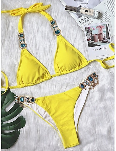 Bikini 2 Piece Swimsuit Thong Slim Backless Vacation Beach Wear Color Halter Neck Sleeveless Bathing Suits