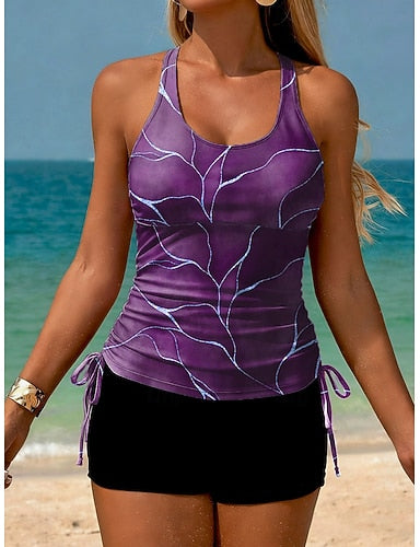 Tankini 2 Piece Swimsuit Ruched Shorts Backless Vacation Beach Wear Ombre Graphic Scoop Neck Sleeveless Bathing Suits