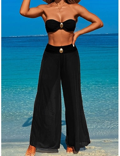 Swimwear Three Piece Pant Swimsuit Ruched Backless Vacation Beach Wear Plain Strapless Sleeveless Bathing Suits