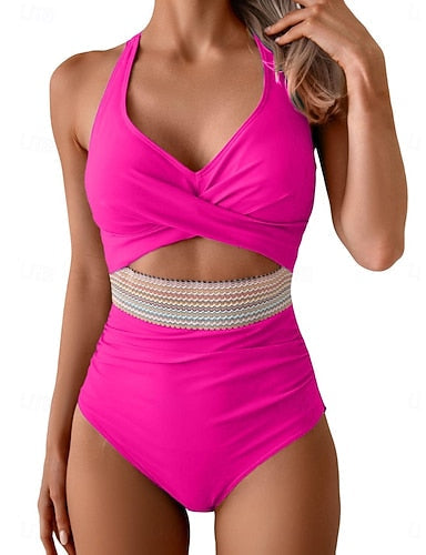 One Piece Swimsuit Cutout Monokini High Waist Tummy Control High Waist Slim Backless Vacation Beach Wear Color Halter Neck Sleeveless Bathing Suits