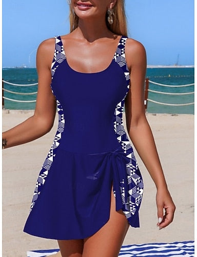 Swimwear One Piece Swim Dress Swimsuit Tummy Control High Waist Slim Backless Vacation Beach Wear Leopard Stripe Scoop Neck Sleeveless Bathing Suits