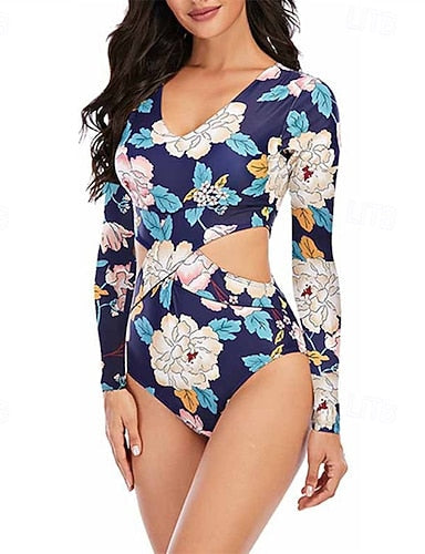 Rash Guard One Piece Swimsuit Printed Cut Out Uv Sun Protection Quick Dry Lightweight Long Sleeve Bodysuit Bathing Suit Surfing Beach Water Sports Summer