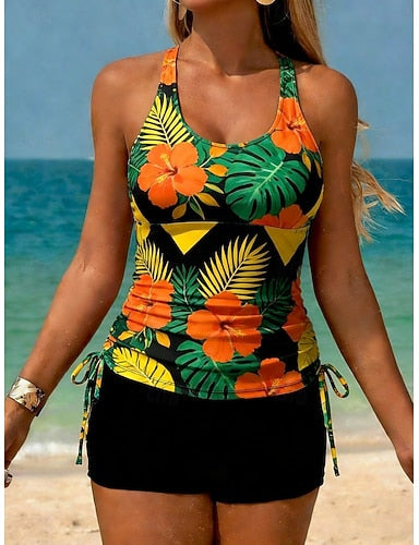 Swimwear Tankini 2 Piece High Waist Swimsuit Tummy Control High Waist Slim Backless Vacation Beach Wear U Neck Sleeveless Bathing Suits