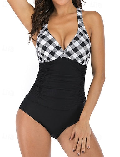 Bathing Suit Swimsuits One Pieces Grid Pattern Brief Leg Quick Dry Elastic Sleeveless Swimwear Swimsuit Surfing Beach Swimming Summer