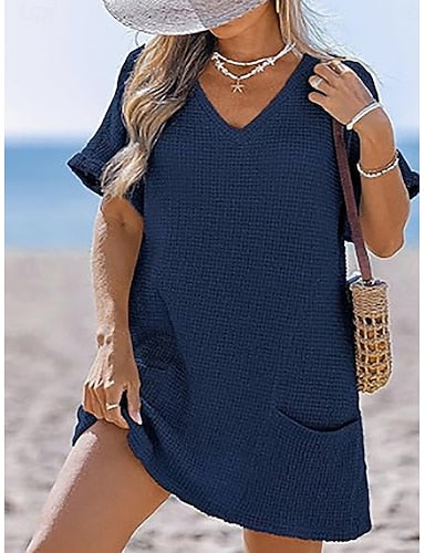 Swimwear Cover Up Swim Dress Dress Swimsuit Patchwork Pocket Vacation Beach Wear Plain V Neck Short Sleeves Bathing Suits