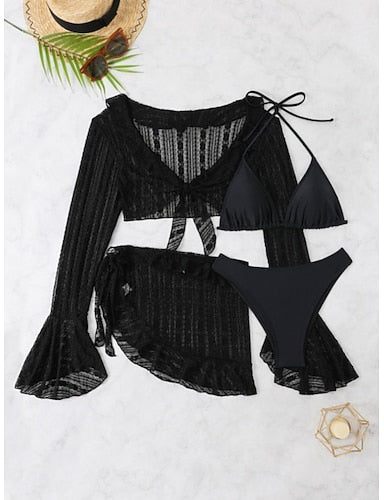 Bikini Swimsuit Skirt Slim Backless Vacation Beach Wear Color V Neck Sleeveless Long Sleeve Bathing Suits