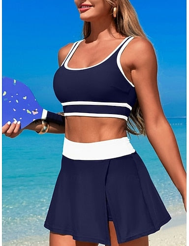 Tankini 2 Piece Swimsuit Colorblock Shorts Tummy Control High Waist Slim Backless Vacation Beach Wear U Neck Sleeveless Bathing Suits