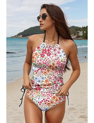 Tankini 2 Piece Swimsuit Ruched Cheeky Backless Vacation Beach Wear Halter Neck Sleeveless Bathing Suits