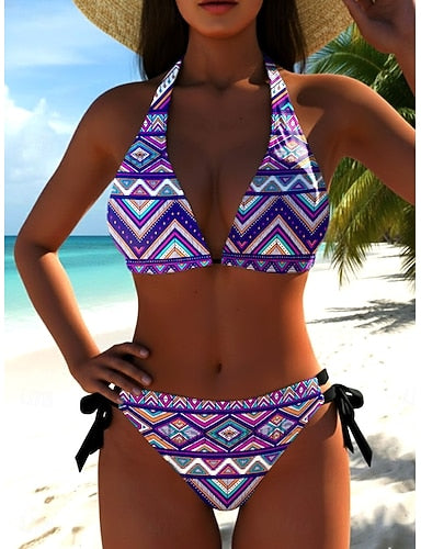 Bikini 2 Piece Swimsuit Cheeky Slim Backless Vacation Geometric V Neck Sleeveless Bathing Suits