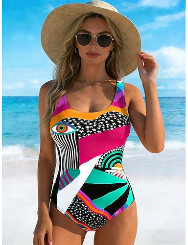Swimwear One Piece High Cut Swimsuit Beach Wear Summer Graphic Geometric U Neck Sleeveless Bathing Suits