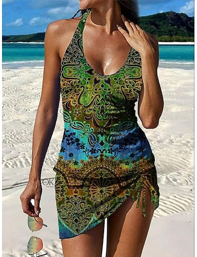 Swimwear Tankini Skirt Swimsuit Halter Vacation Graphic V Neck Sleeveless Bathing Suits
