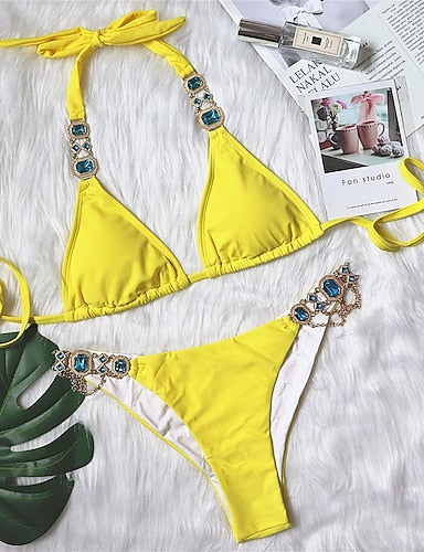 Normal Swimwear Bikini 2 Piece Thong Swimsuit Glitter Vacation Color Plunge Sleeveless Bathing Suits