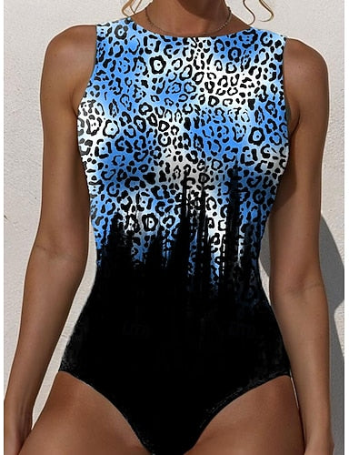 One Piece Swimsuit Slimming Monokini Briefs Tummy Control High Waist Slim Backless Vacation Beach Wear Ombre Graphic Round Neck Sleeveless Bathing Suits