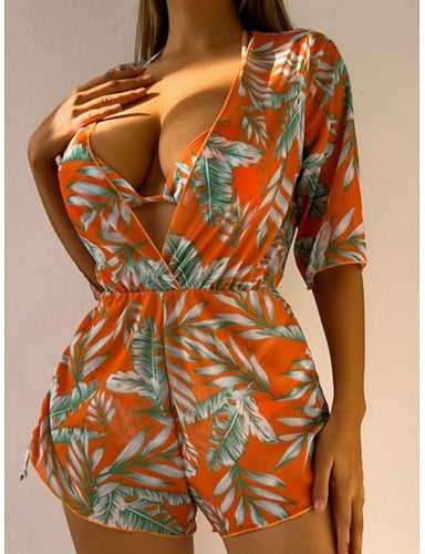 Swimwear Bikini Three Piece Cheeky Swimsuit Slim Backless Vacation Beach Wear Graphic Plunge Sleeveless Bathing Suits