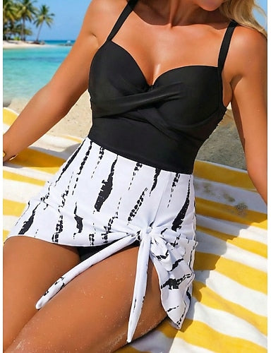 Swimwear Tankini 2 Piece Cheeky Swimsuit Tummy Control High Waist Slim Backless Vacation Beach Wear Graphic V Neck Sleeveless Bathing Suits