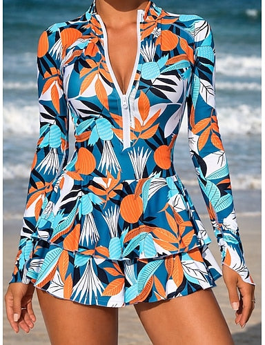 Swimwear One Piece Swim Dress Skirt Swimsuit Ruched Zipper Vacation Beach Wear High Neck Long Sleeve Bathing Suits