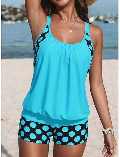 Tankini 2 Piece Swimsuit High Waist Active Vacation Polka Dot Scoop Neck Sleeveless Bathing Suits
