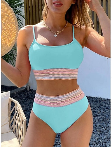 Bikini 2 Piece Swimsuit Briefs Slim Backless Vacation Beach Wear Color Scoop Neck Sleeveless Bathing Suits