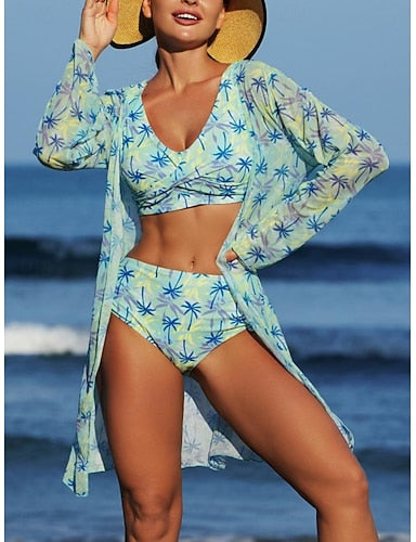 Bikini 3 Piece Swimsuit Palm Cheeky Slim Backless Vacation Beach Wear V Neck Sleeveless Bathing Suits