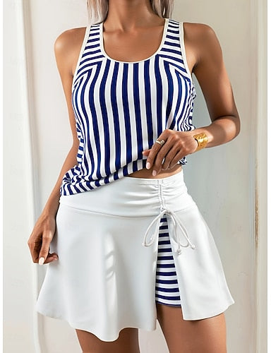 Swimwear Tankini 2 Piece Skirt Swimsuit Tummy Control High Waist Slim Backless Vacation Beach Wear Striped U Neck Sleeveless Bathing Suits